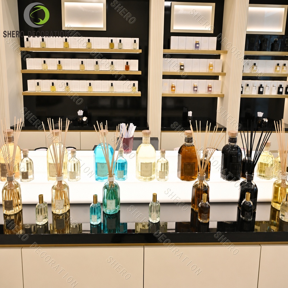 Luxury Perfume Kiosk Design Custom Gold Accented Display Counters