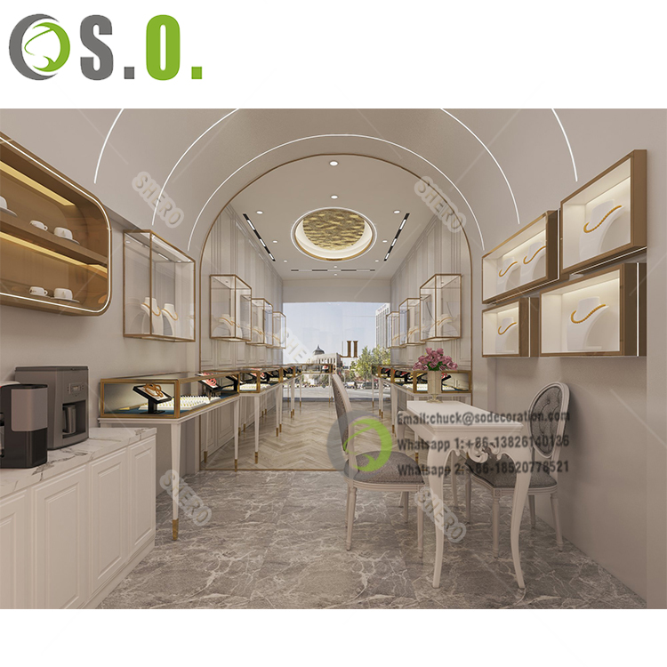 High-end paint gold jewelry store display cabinet wooden glass showcase stainless steel jewelry counter customization